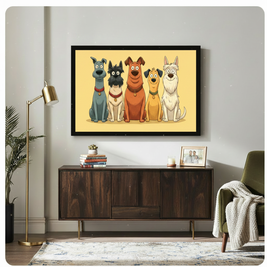 Cartoon dog squad five breeds black framed canvas art in warm yellow above a dark walnut sideboard with stacked books and a succulent, beside a gold floor lamp and olive green armchair in a modern living room