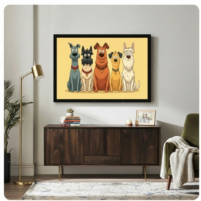 Cartoon dog squad five breeds black framed canvas art in warm yellow above a dark walnut sideboard with stacked books and a succulent, beside a gold floor lamp and olive green armchair in a modern living room