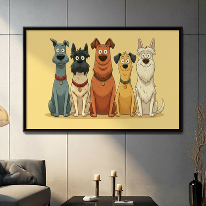 Black framed cartoon five dog breeds wall art in warm yellow on a dark gray paneled wall above a gray sofa with candle holders and a black vase with dried branches in a contemporary living room