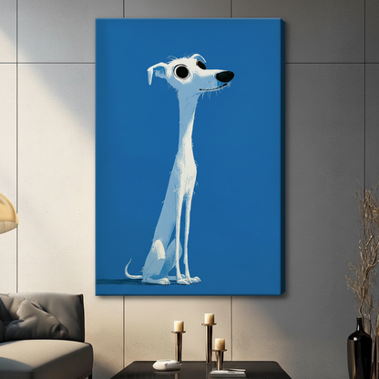 Pixar-style cartoon white greyhound sitting portrait gallery wrap canvas art on vivid blue background on a dark gray paneled wall above a charcoal sofa with candle holders and a black vase with dried branches
