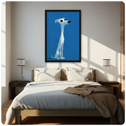 Black framed cartoon Pixar-style white greyhound sitting portrait canvas art on vivid blue background above a bed with white linen bedding, a taupe throw blanket, dark wood nightstands, and white cylindrical table lamps in a sunlit modern bedroom