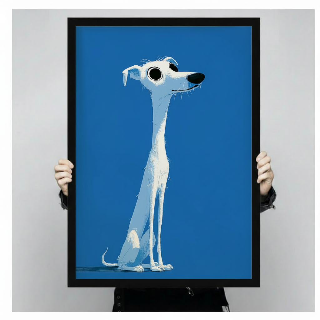 Person holding a black framed Pixar-style cartoon white greyhound dog with oversized eyes sitting portrait art print on bold blue background against a light gray backdrop