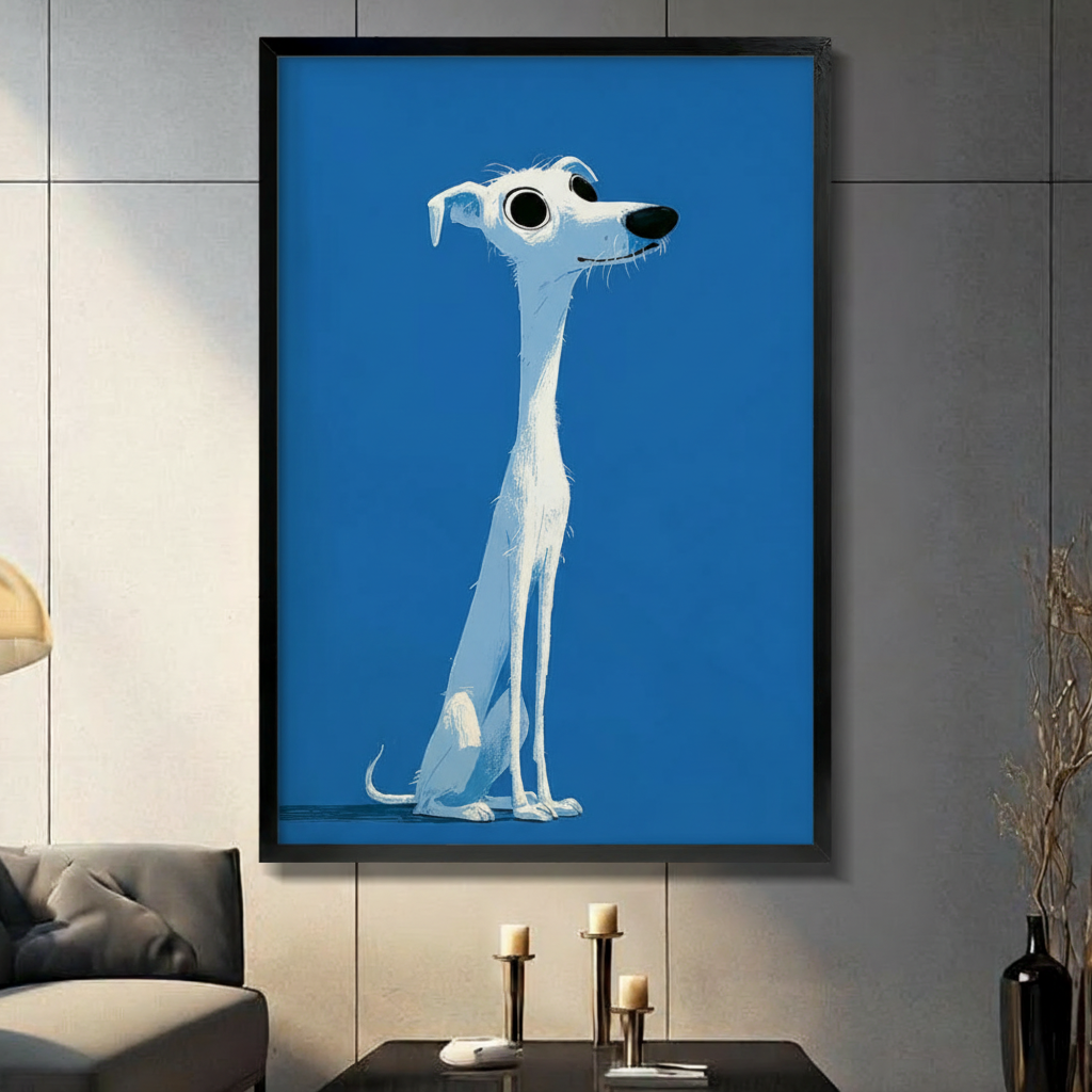 Cartoon Pixar-style white greyhound with big round eyes sitting on bold blue background black framed canvas art on a dark gray paneled wall above a charcoal sofa with brass pillar candle holders and a tall black decorative vase