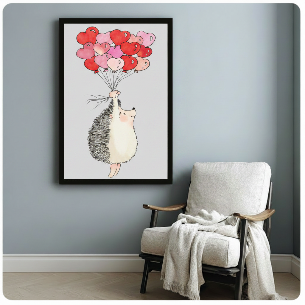 Charming framed art print of a watercolor hedgehog floating upward with red and pink heart balloons, styled beside a cozy white armchair