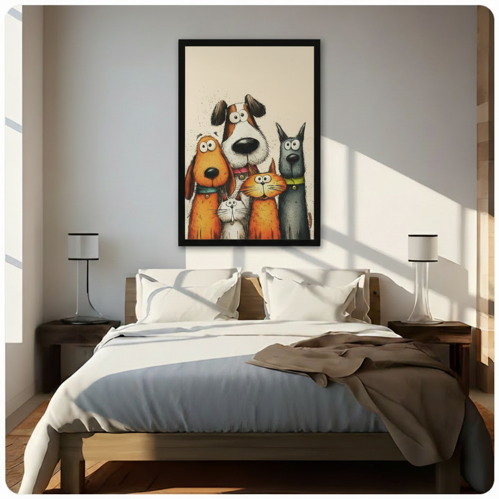 Framed whimsical cartoon canvas wall art of a funny dog and cat group portrait with colorful collars, above a bed with white linen bedding, dark wood nightstands and modern table lamps in a bright bedroom