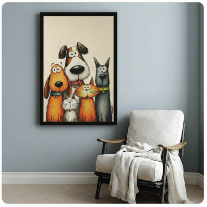 Black framed canvas print of a quirky cartoon animal family including a large brown-and-white dog, orange hound, gray dog, orange cat and white cat, hung on a blue-gray wall above a white linen armchair with throw blanket
