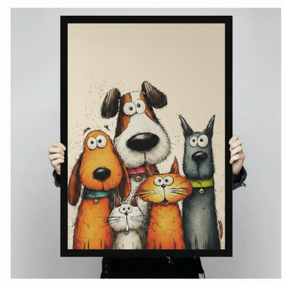 Hands holding a large black framed canvas art print of five cartoon pets posing together — three dogs and two cats with big expressive eyes — hand-drawn illustration style on a warm cream background