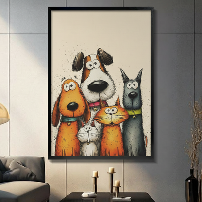 Funny cartoon canvas wall art featuring three big-eyed dogs and two cats grouped together in a whimsical hand-drawn style, black framed print above a dark gray sofa with candle holders in a modern living room