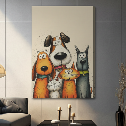 Gallery wrap stretched canvas of a humorous cartoon pet group portrait with three dogs and two cats in colorful collars, cream textured background, displayed above a console table in a contemporary living room