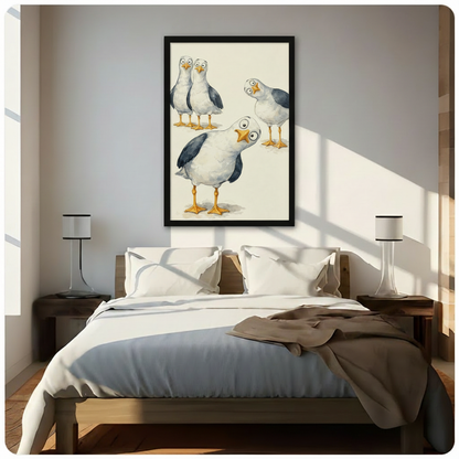 Cartoon seagull framed wall art above a modern bed with white linen bedding, dark wooden nightstands, white table lamps, and warm natural light from side windows