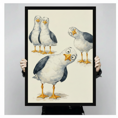 Humorous cartoon seagull framed canvas art held up against a light gray background, featuring four wide-eyed seagulls with yellow beaks in watercolor style