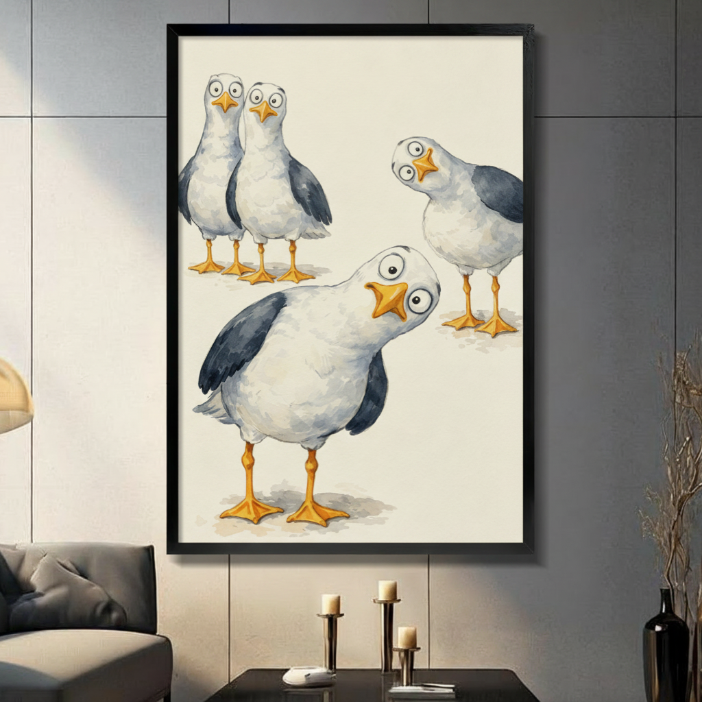 Funny cartoon seagull canvas wall art in a black frame, displayed in a modern living room with gray tile walls, candle holders, and a dark charcoal sofa