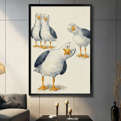 Funny cartoon seagull canvas wall art in a black frame, displayed in a modern living room with gray tile walls, candle holders, and a dark charcoal sofa