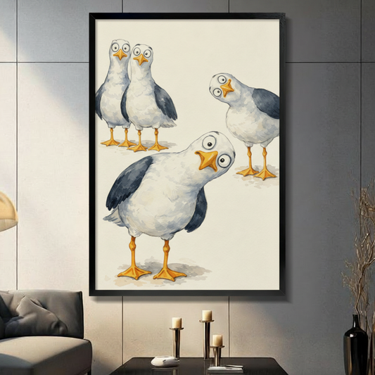 Funny cartoon seagull canvas wall art in a black frame, displayed in a modern living room with gray tile walls, candle holders, and a dark charcoal sofa