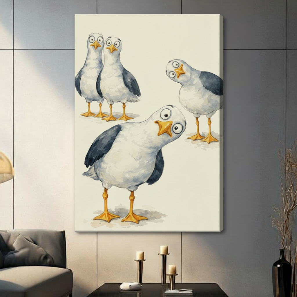 Gallery-wrapped watercolor cartoon seagull canvas art hung unframed on a gray tile wall in a contemporary living room with candle holders and a dark sofa