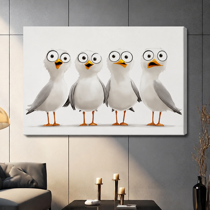 Whimsical cartoon seagull squad with giant round eyes gallery wrap canvas displayed on grey panel wall in contemporary living room with candle decor