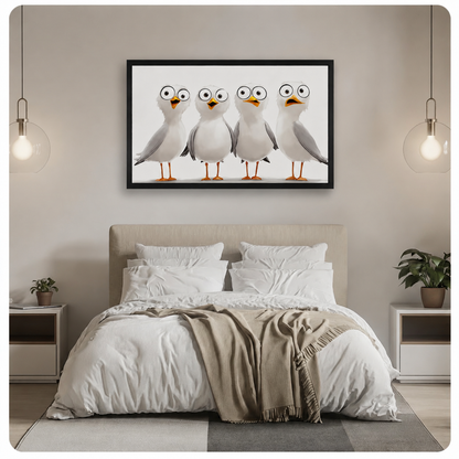Four wide-eyed cartoon seagulls horizontal framed canvas print hung above neutral linen bed with pendant lights, playful coastal bedroom wall decor