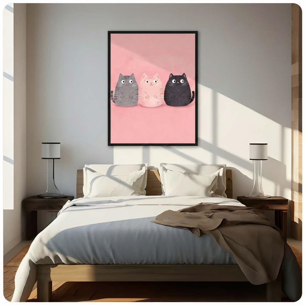 Black framed cartoon three cats on pink background wall art print above bed in bright minimalist bedroom with natural light