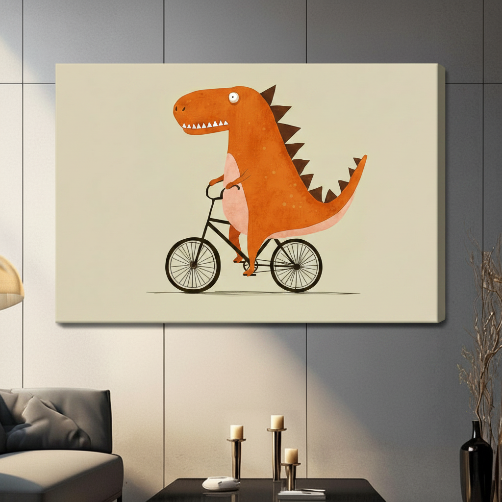 Whimsical orange T-Rex dinosaur on a bicycle gallery wrapped canvas wall art on beige background hung above a dark gray sofa with pillar candles in a contemporary living room