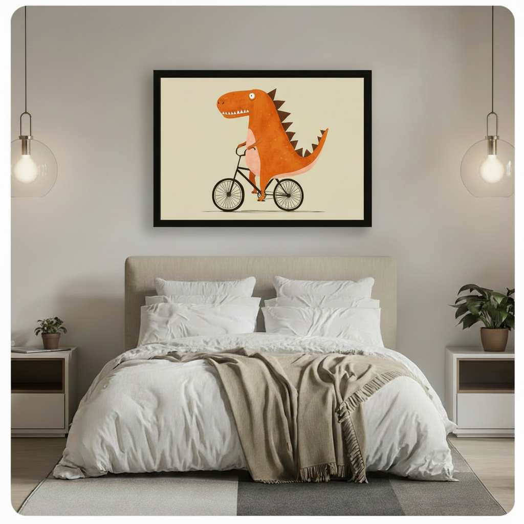 Cute cartoon T-Rex bicycle framed wall art above a modern bed with a beige upholstered headboard white linen bedding a taupe throw blanket and glass globe pendant lights kids room decor