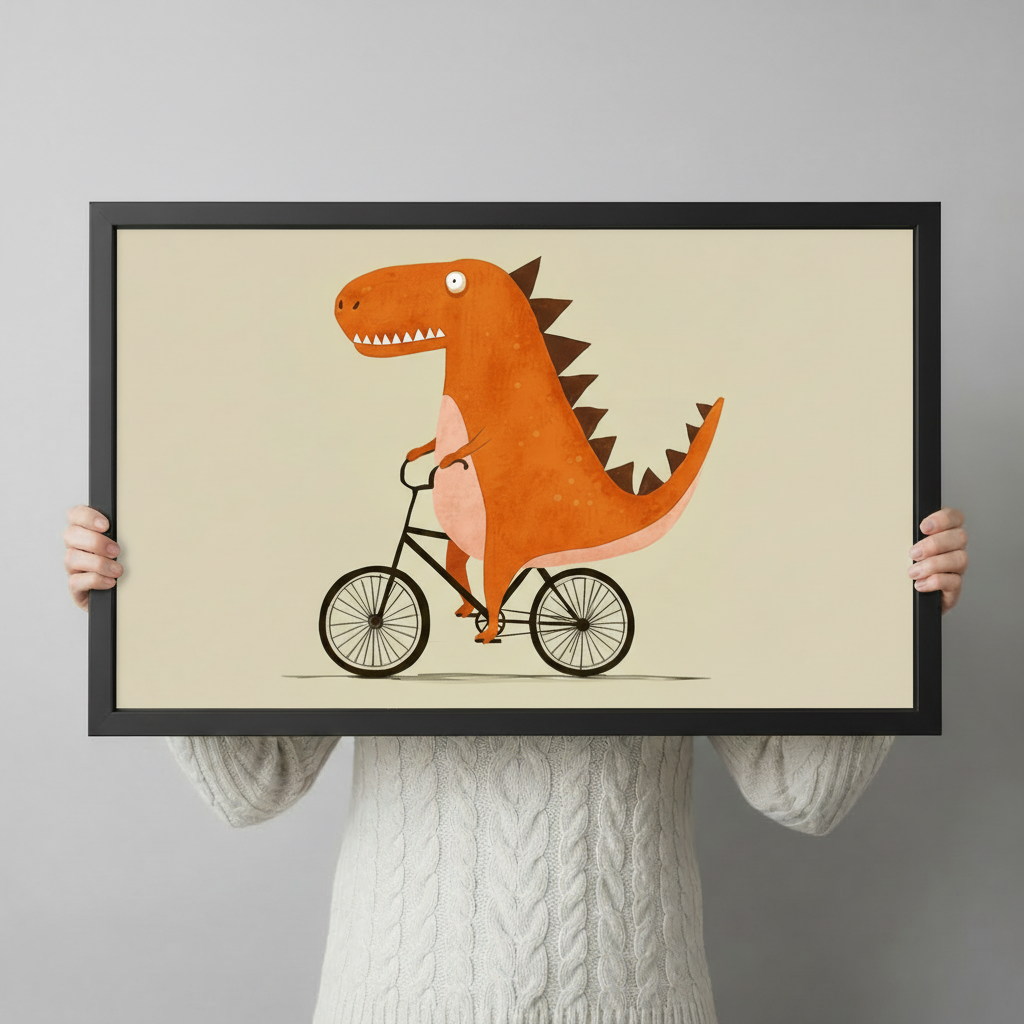 Person in a white knit sweater holding a framed cartoon dinosaur riding a bike art print featuring a cheerful orange T-Rex on a cream background against a light gray backdrop