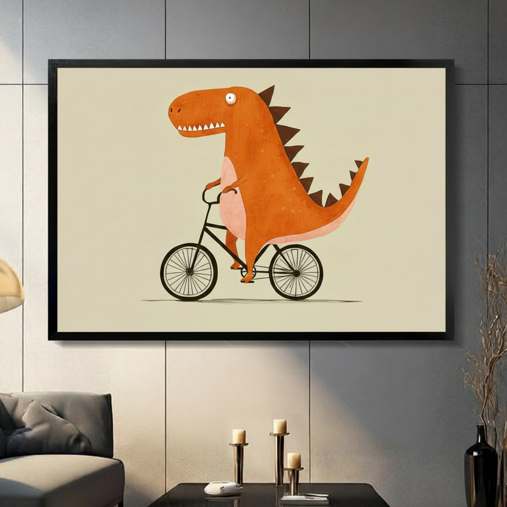 Funny cartoon T-Rex riding a bicycle framed wall art print in warm orange tones on beige background displayed above a dark gray sofa with black candle holders in a modern living room