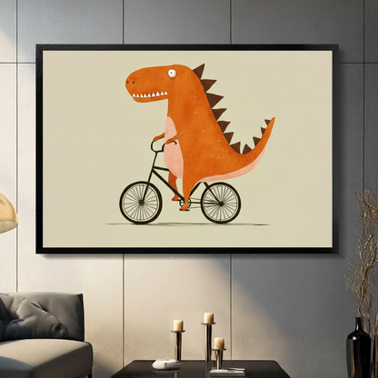 Funny cartoon T-Rex riding a bicycle framed wall art print in warm orange tones on beige background displayed above a dark gray sofa with black candle holders in a modern living room