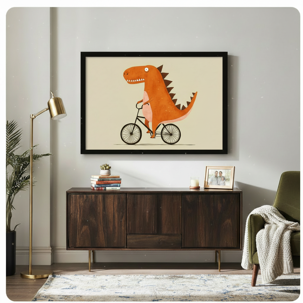 Playful orange dinosaur on a bike framed art print above a dark walnut sideboard with stacked books a gold floor lamp olive green armchair and a cream knit throw in a modern living room