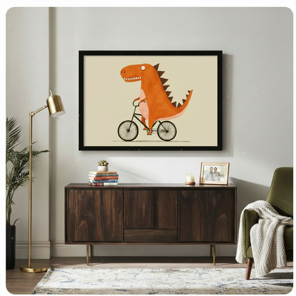 Playful orange dinosaur on a bike framed art print above a dark walnut sideboard with stacked books a gold floor lamp olive green armchair and a cream knit throw in a modern living room