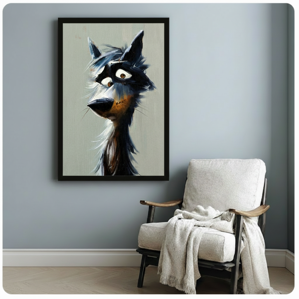 Quirky wolf face canvas art in black frame with expressive brown eyes, hung on blue-grey wall beside white linen armchair in cozy Scandinavian-style room