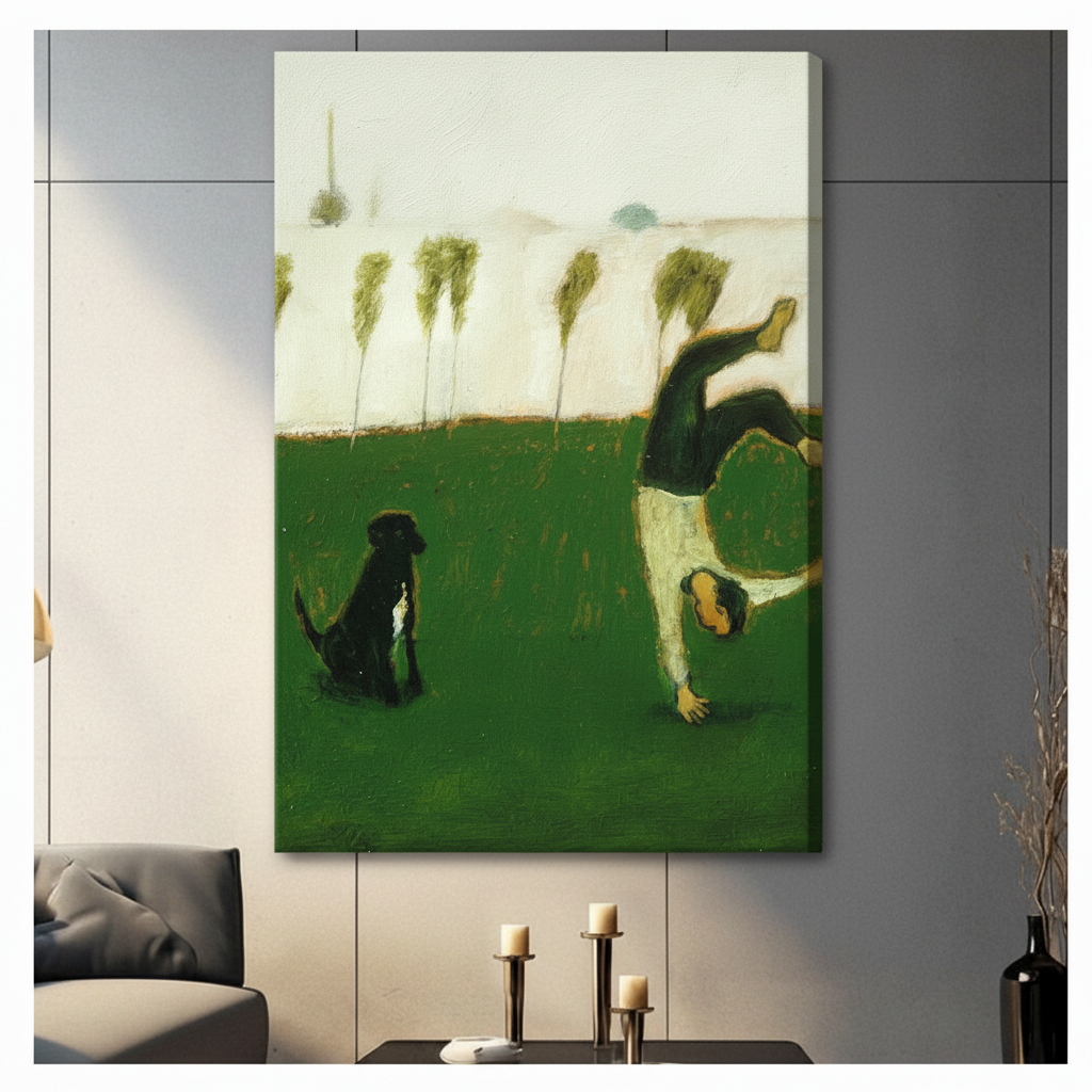 Unframed canvas print of a whimsical figurative painting showing a child cartwheeling on lush green grass beside a seated black dog, hung in a contemporary grey living room