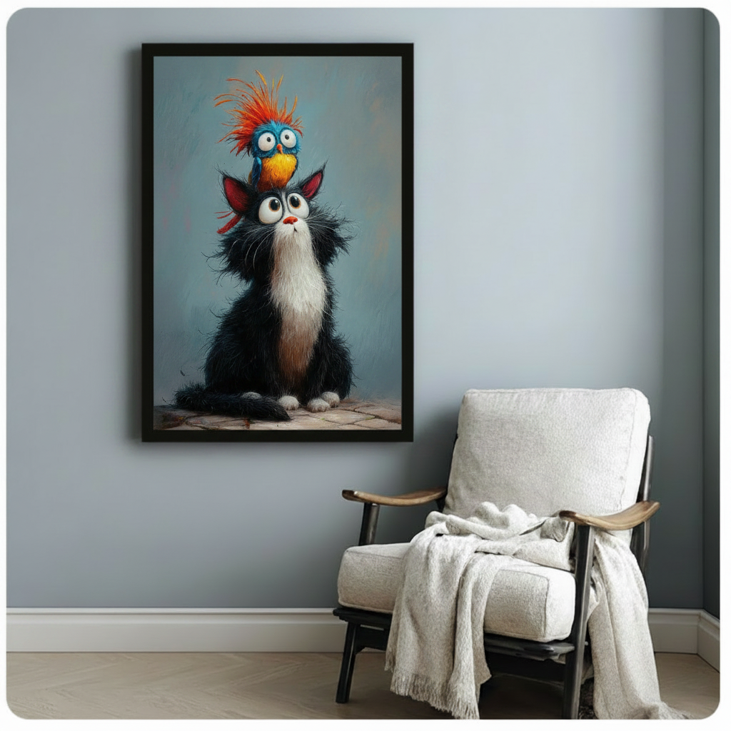 Playful cat and bird framed art print held by hands for distinctive home decor