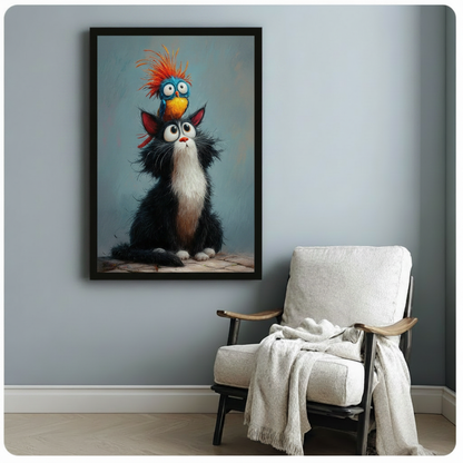 Playful cat and bird framed art print held by hands for distinctive home decor