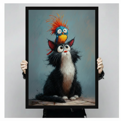 Whimsical cat and bird gallery wrap wall art hanging on a contemporary living room wall