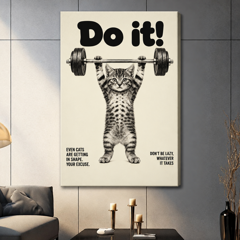 Retro motivational poster of a tabby kitten standing upright lifting a heavy barbell overhead with bold text reading Do It and humorous captions funny cat wall art stretched canvas dark panel wall living room