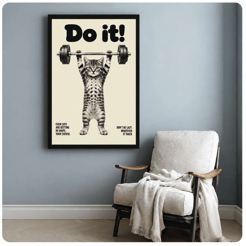 Retro motivational poster of a tabby kitten standing upright lifting a heavy barbell overhead with bold text reading Do It and humorous captions funny cat wall art framed print beside armchair blue-gray wall