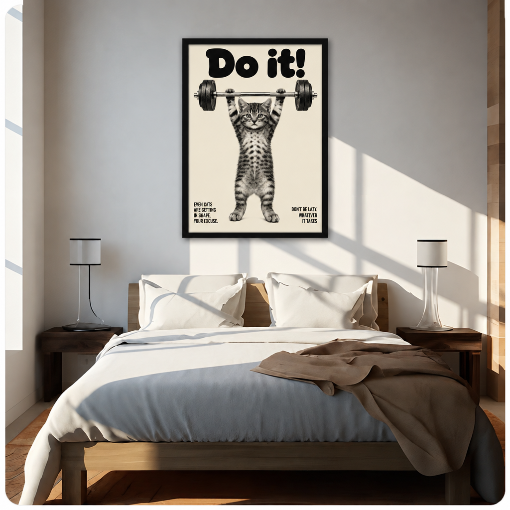 Retro motivational poster of a tabby kitten standing upright lifting a heavy barbell overhead with bold text reading Do It and humorous captions funny cat wall art framed print above bed sunlit bedroom