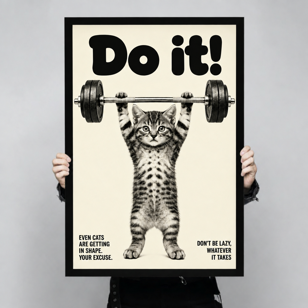 Retro motivational poster of a tabby kitten standing upright lifting a heavy barbell overhead with bold text reading Do It and humorous captions funny cat wall art framed print held up