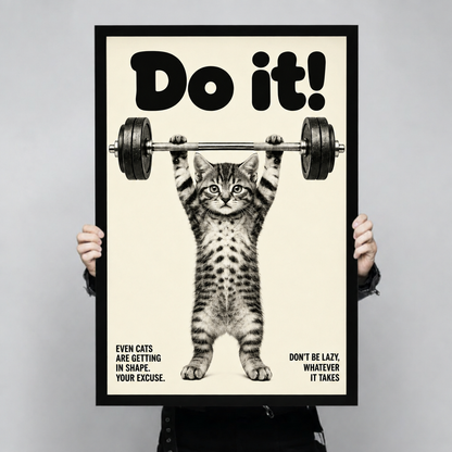 Retro motivational poster of a tabby kitten standing upright lifting a heavy barbell overhead with bold text reading Do It and humorous captions funny cat wall art framed print held up