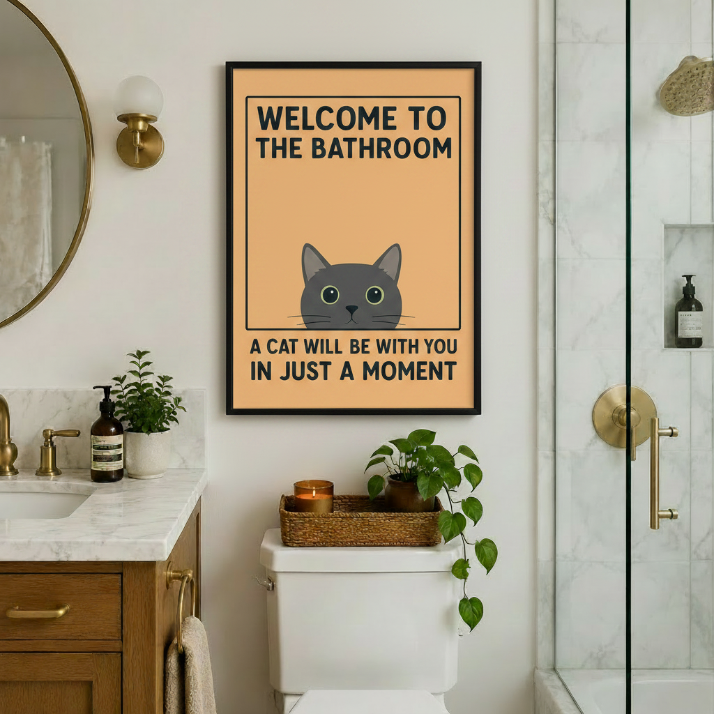 Cat bathroom wall art framed print displayed above toilet in elegant bathroom with marble countertop and gold fixtures
