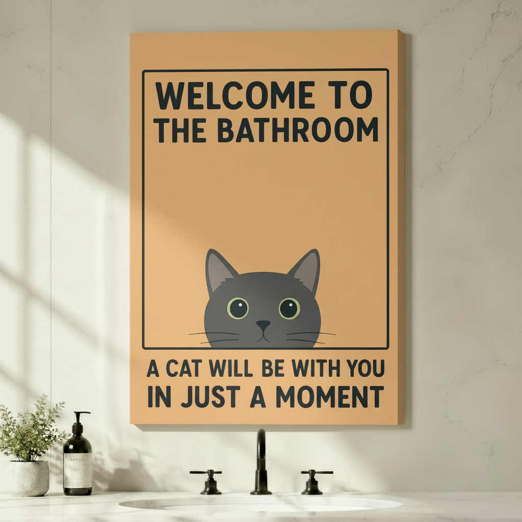 Humorous cat bathroom canvas wall art — Welcome to the Bathroom peeking cat design, gallery wrap, no frame