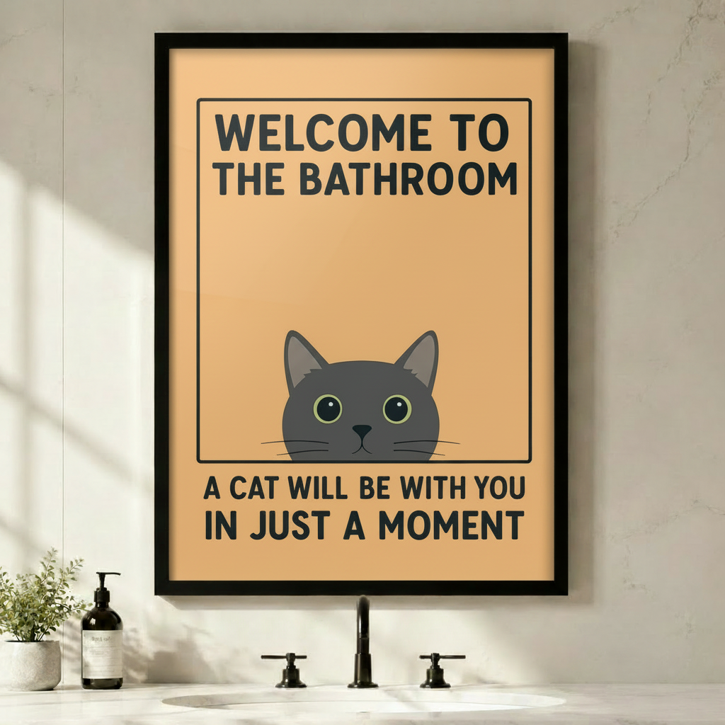 Funny cat bathroom wall art framed print — Welcome to the Bathroom, a cat will be with you in just a moment, black frame