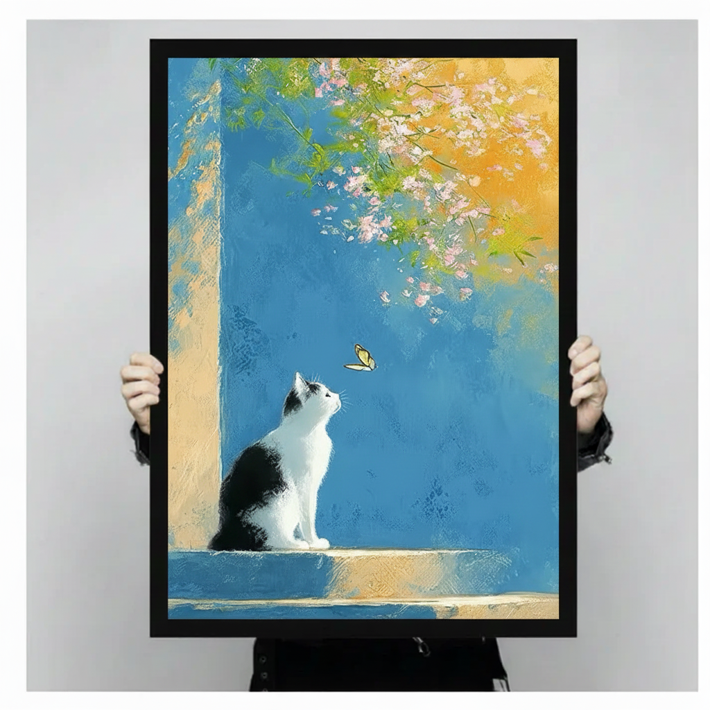 Gallery-wrapped cat and butterfly impressionist canvas print held close-up showing painting detail