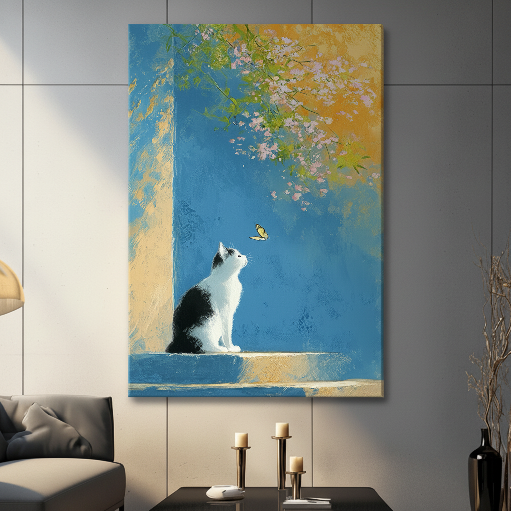 Impressionist cat butterfly oil painting canvas print shown held up against neutral background