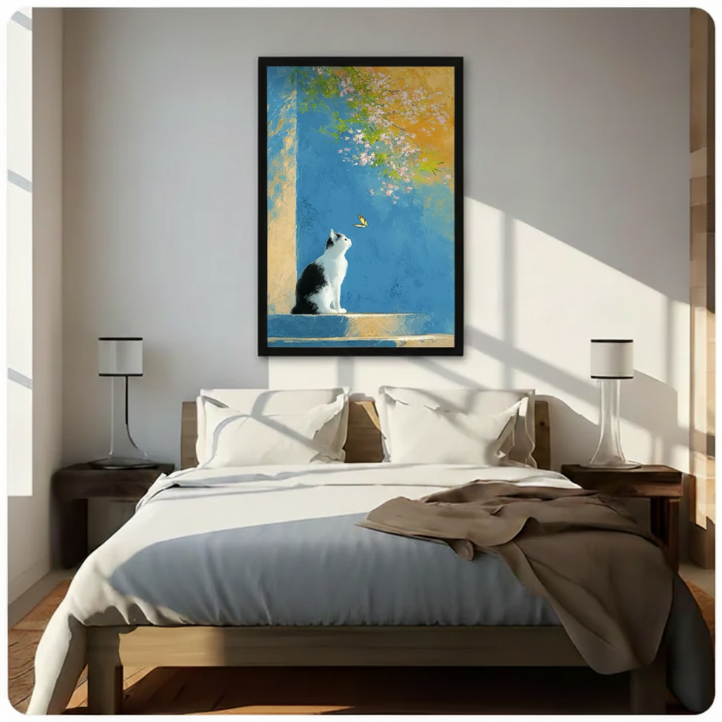 Cat butterfly oil painting in black frame on sage green wall above gray sofa in cozy living room