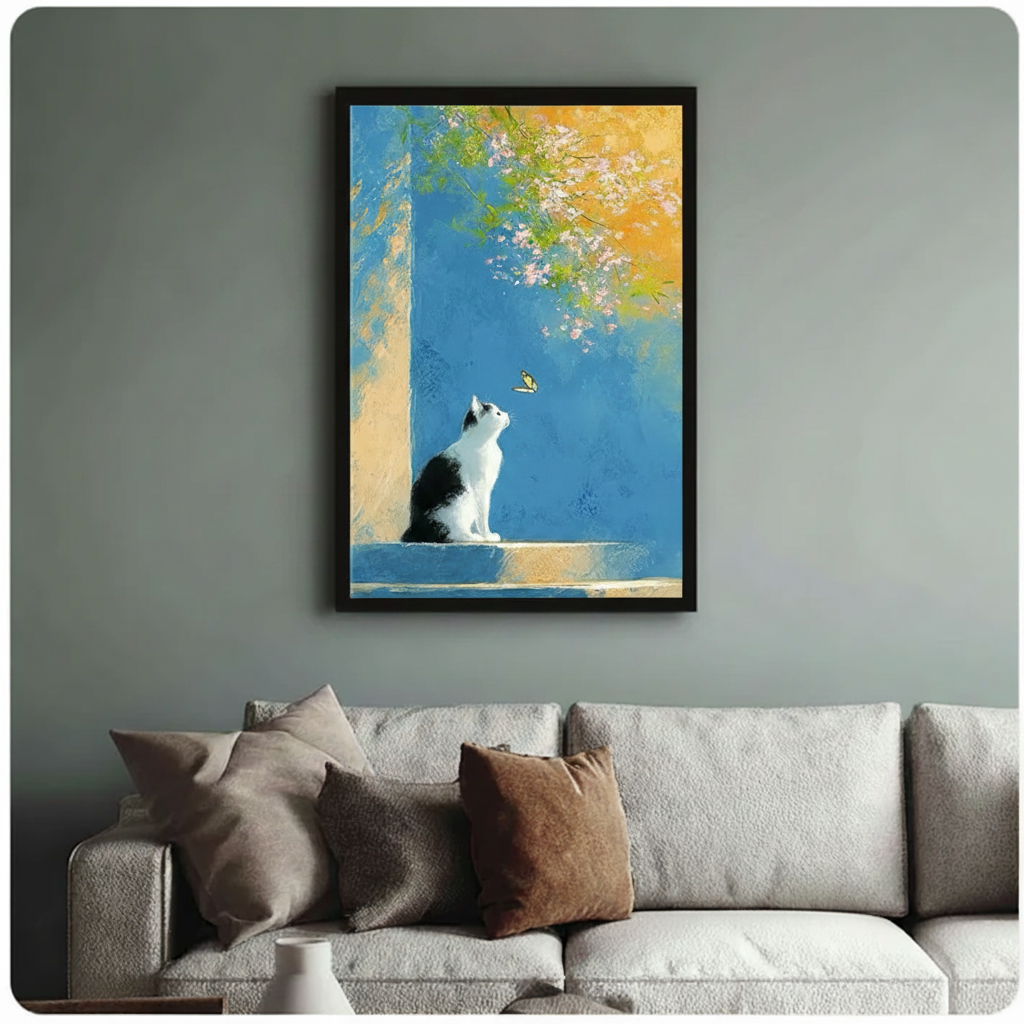 Black framed cat and butterfly canvas wall art hanging above bed in modern bedroom with warm lighting