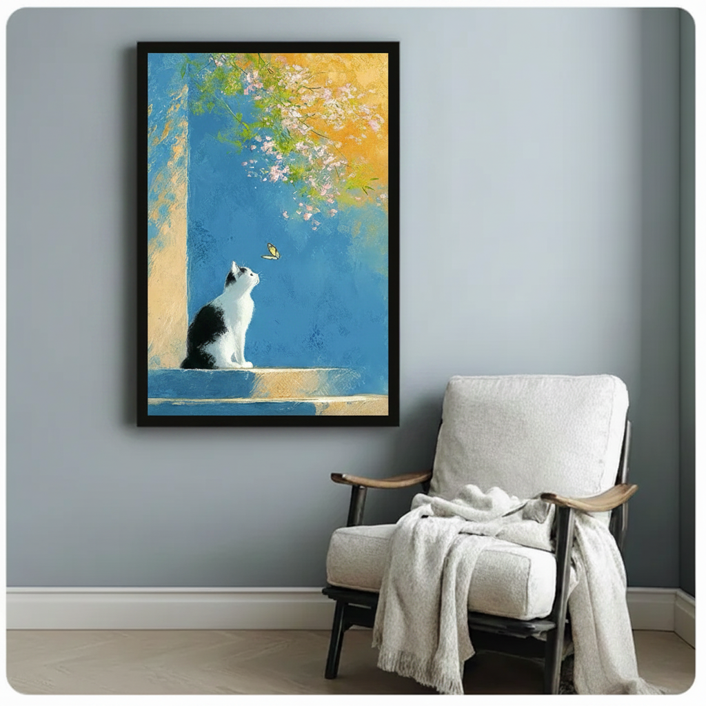 Framed impressionist cat butterfly painting displayed on blue-gray wall above white cushioned armchair