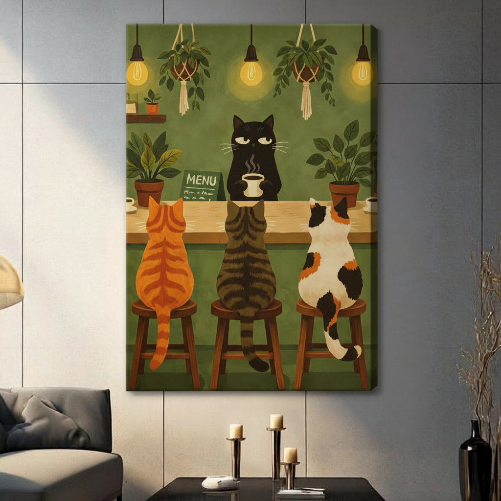 Gallery wrap stretched canvas of a sassy black cat barista with droopy eyes clutching a hot coffee cup behind a wooden cafe counter while three cats sit back-to-viewer on bar stools an orange tabby a brown striped tabby and a calico with a chalkboard menu board trailing macrame plant hangers and glowing vintage Edison bulbs overhead whimsical cat cafe humor illustration on deep olive green background hung frameless on a dark gray tile paneled wall above a charcoal sofa