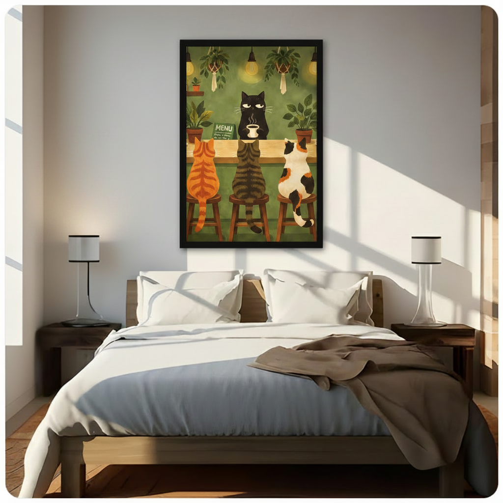 Black framed delightful whimsical cat cafe canvas wall art of a moody black cat barista with half-closed eyes gripping a steaming coffee cup behind a wooden bar counter while three cats sit with their backs to the viewer on round wooden stools an orange tabby a dark brown striped tabby and a calico cat a green chalkboard menu macrame plant hangers with trailing greenery and warm glowing Edison pendant lights on a deep olive green background hung in bright diagonal sunlight above a dark wood platform bed wit