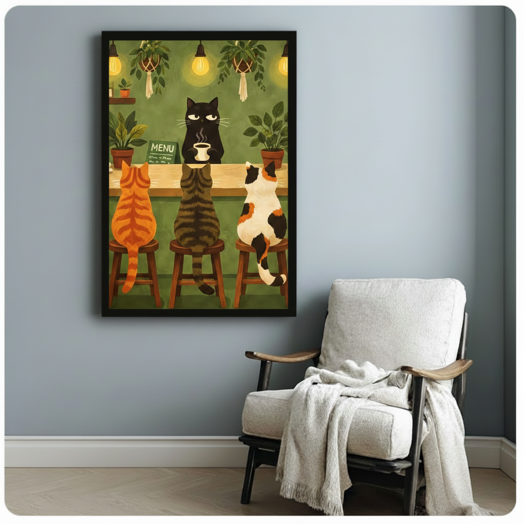 Black framed charming whimsical cat cafe canvas print of a deadpan black cat holding a steaming coffee mug behind a wooden bar serving three back-facing cats on stools a ginger tabby a dark striped cat and a tri-color calico with a green chalkboard menu hanging potted plants in macrame holders and warm Edison pendant lights against a rich olive green wall funny cat barista illustration hung on a soft blue-gray wall beside a white upholstered wood folding chair with a cream knit throw
